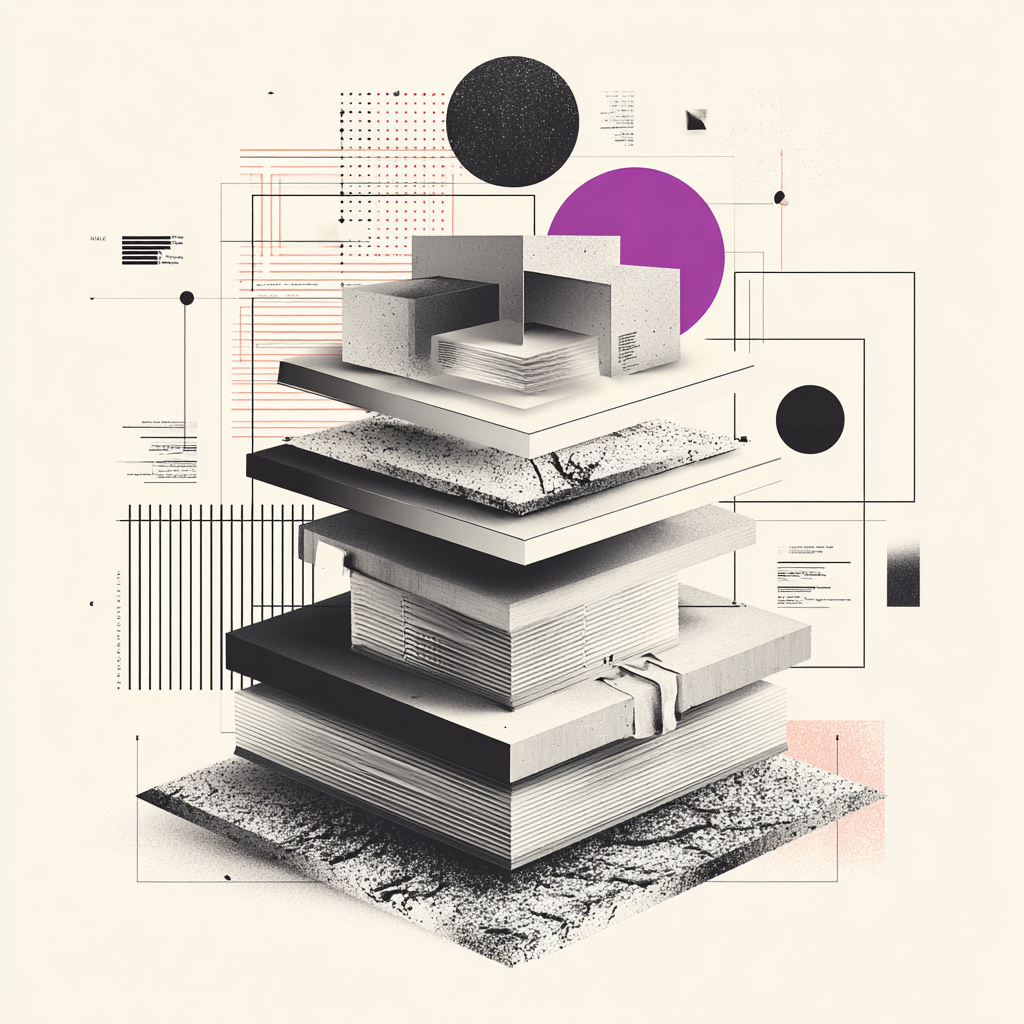 Isometric collage of layered data — exploded stack of pages, slabs and blocks